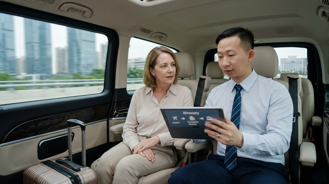 International patient receiving itinerary guidance during private airport pickup and local transport