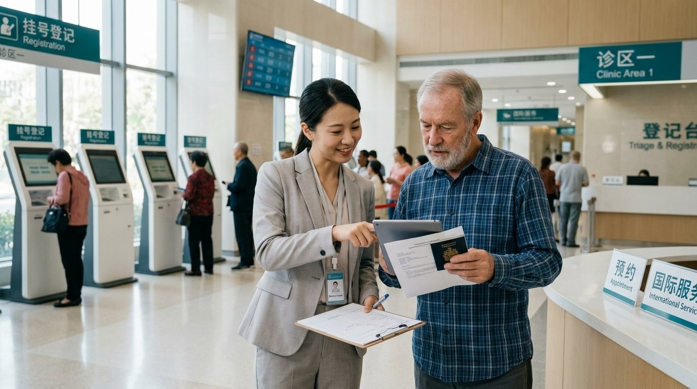 Female patient coordinator helping an international patient register at a Chinese hospital