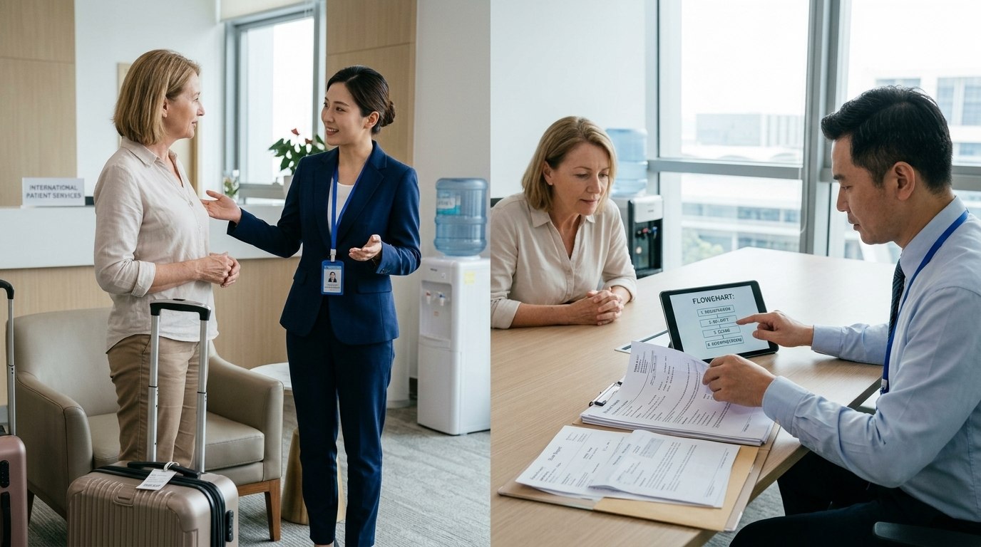 International patient receiving arrival guidance and treatment planning support