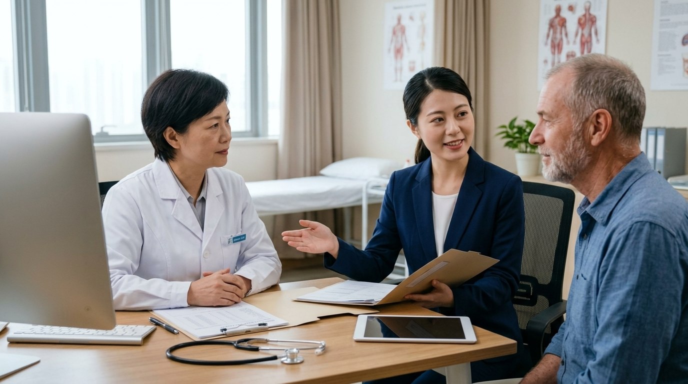 Medical interpreter supporting an international patient during a doctor consultation